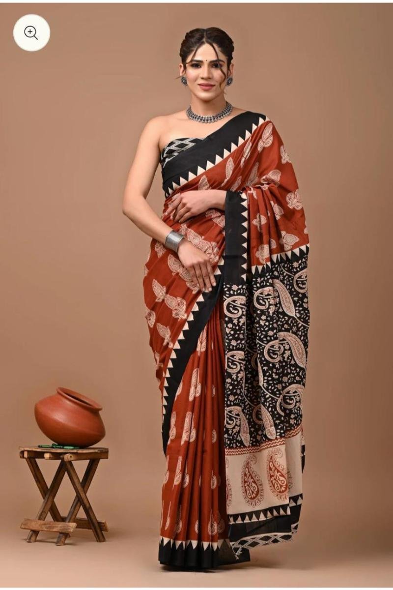 Bagru Print Mulmul Cotton Saree - Rust Black Paisley (Front View) | BagruPrintCrafts
