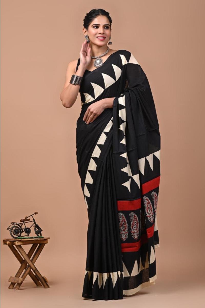 Bagru Hand Block Printed Cotton Sarees - Black Cream (Front View) | BagruPrintCrafts