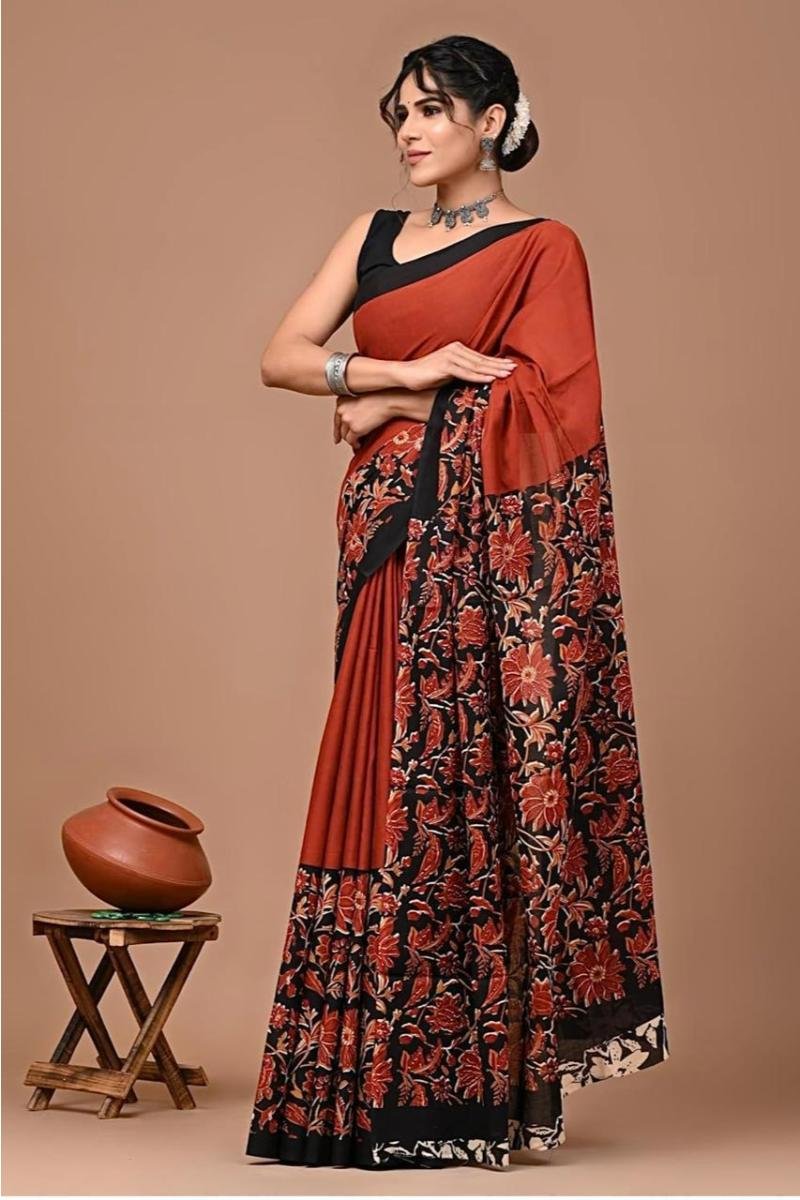 Bagru Cotton Sarees - Rust Black Floral Print Elegant Look (Front View) | BagruPrintCrafts