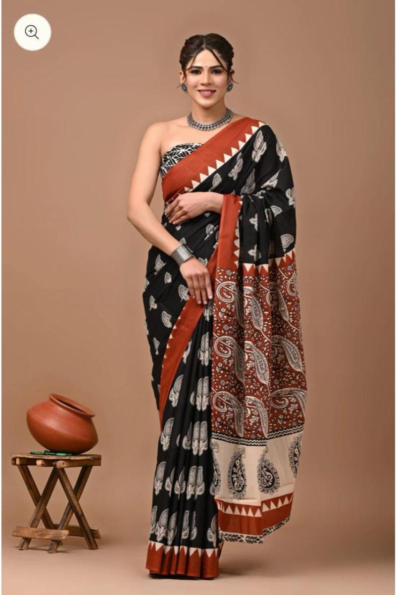 Bagru Mulmul Cotton Sarees - Black Rust Paisley Print (Front View) | BagruPrintCrafts