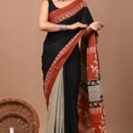 Bagru Print Saree - Black Rust Floral Block Soft Feel (Front View) | BagruPrintCrafts