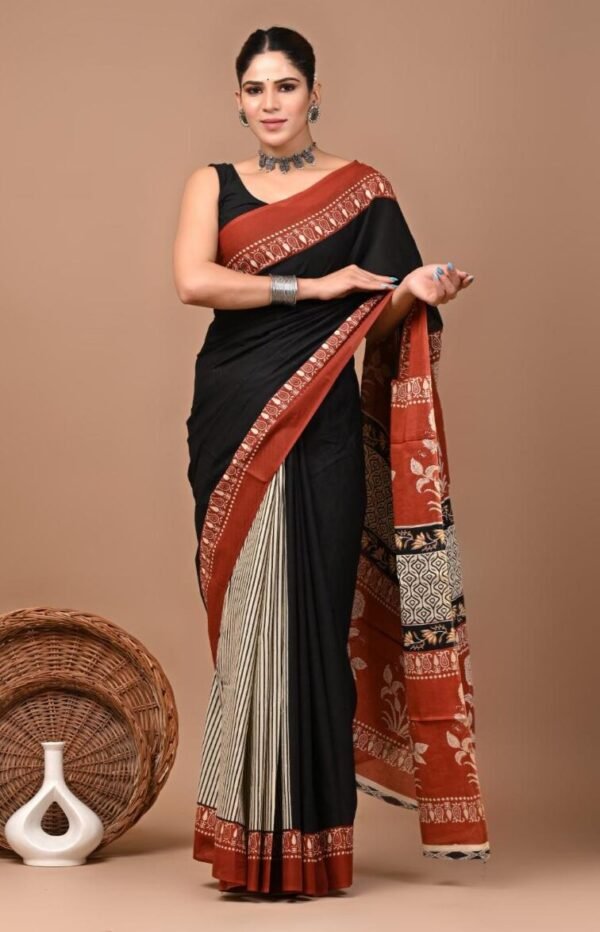Bagru Print Saree - Black Rust Floral Block Soft Feel (Front View) | BagruPrintCrafts