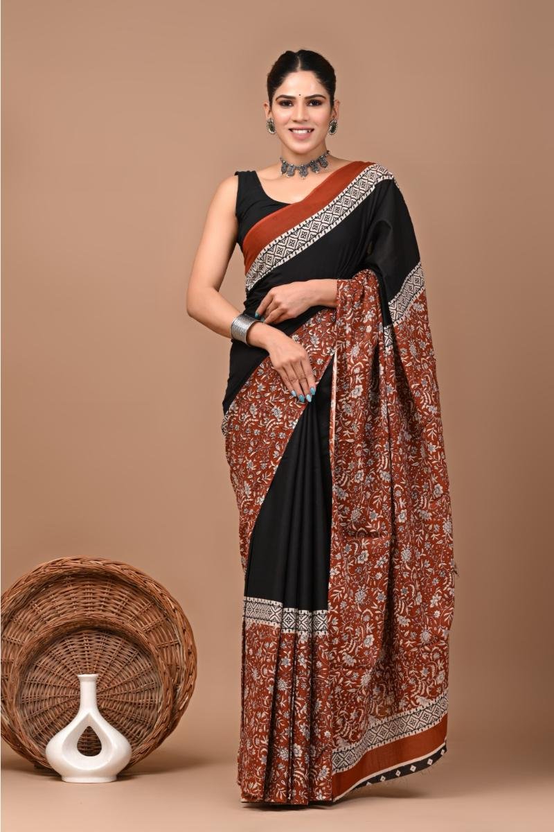 Best Mulmul Cotton Sarees - Black Rust Floral Print (Front View) | BagruPrintCrafts