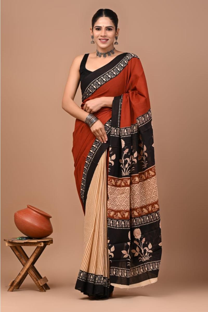 Best Mul Cotton Sarees - Rust Black Floral Block Lightweight (Front View) | BagruPrintCrafts