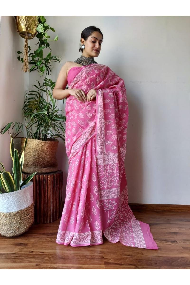 Bagru Hand Block Printed Cotton Sarees - Pink Discharge (Front View) | BagruPrintCrafts