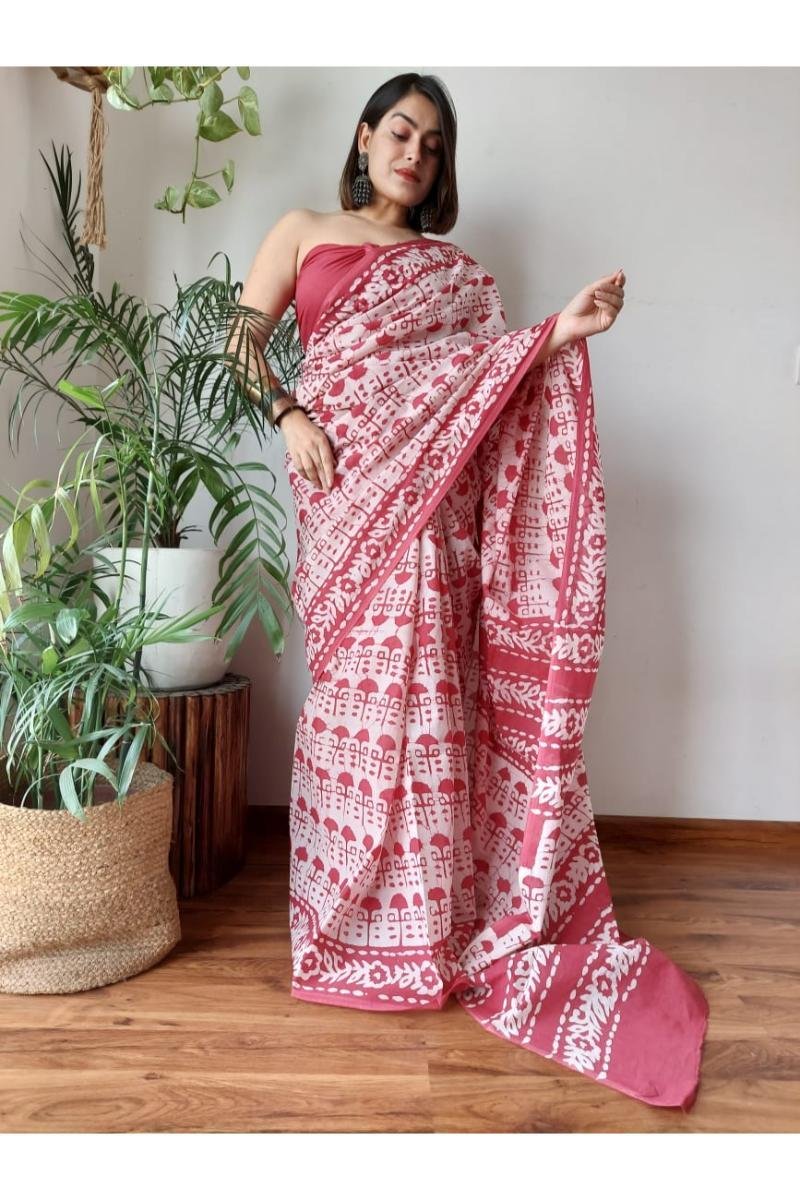 Hand Block Printed Mul Cotton Saree - Pink Batik Print Soft Feel (Front View) | BagruPrintCrafts