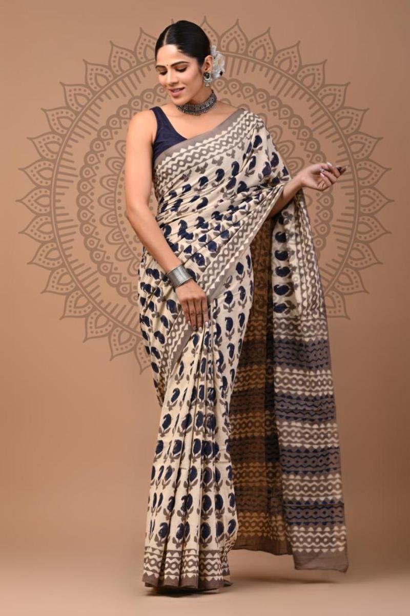 Hand Block Cotton Sarees - Cream Dabu Print Lightweight (Front View) | BagruPrintCrafts