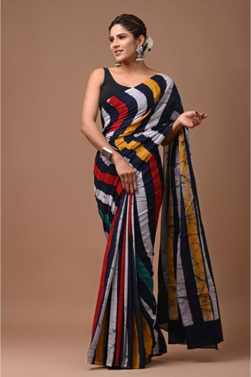 Block Printed Saree - Multicolor Batik Print Lightweight (Front View) | BagruPrintCrafts