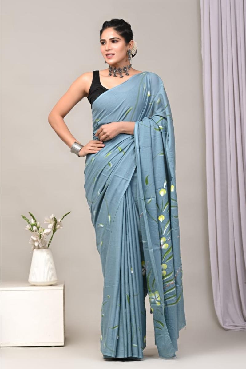 hand painted grey mul cotton sarees