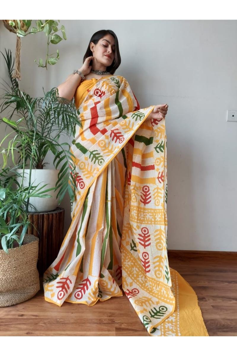 Bagru Mulmul Cotton Sarees - Multicolor Batik Print Soft Feel (Front View) | BagruPrintCrafts