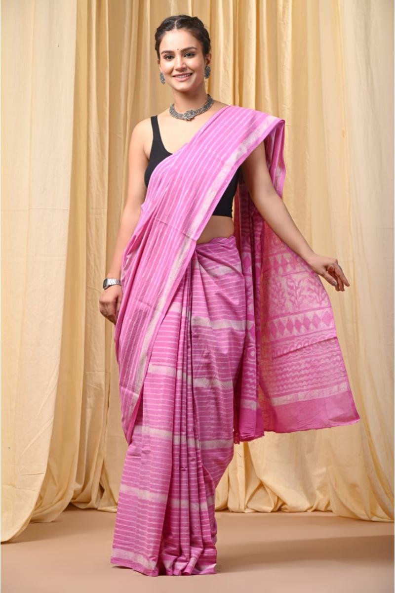 Bagru Print Mul Cotton Saree - Pink Dabu Print Soft Feel (Front View) | BagruPrintCrafts