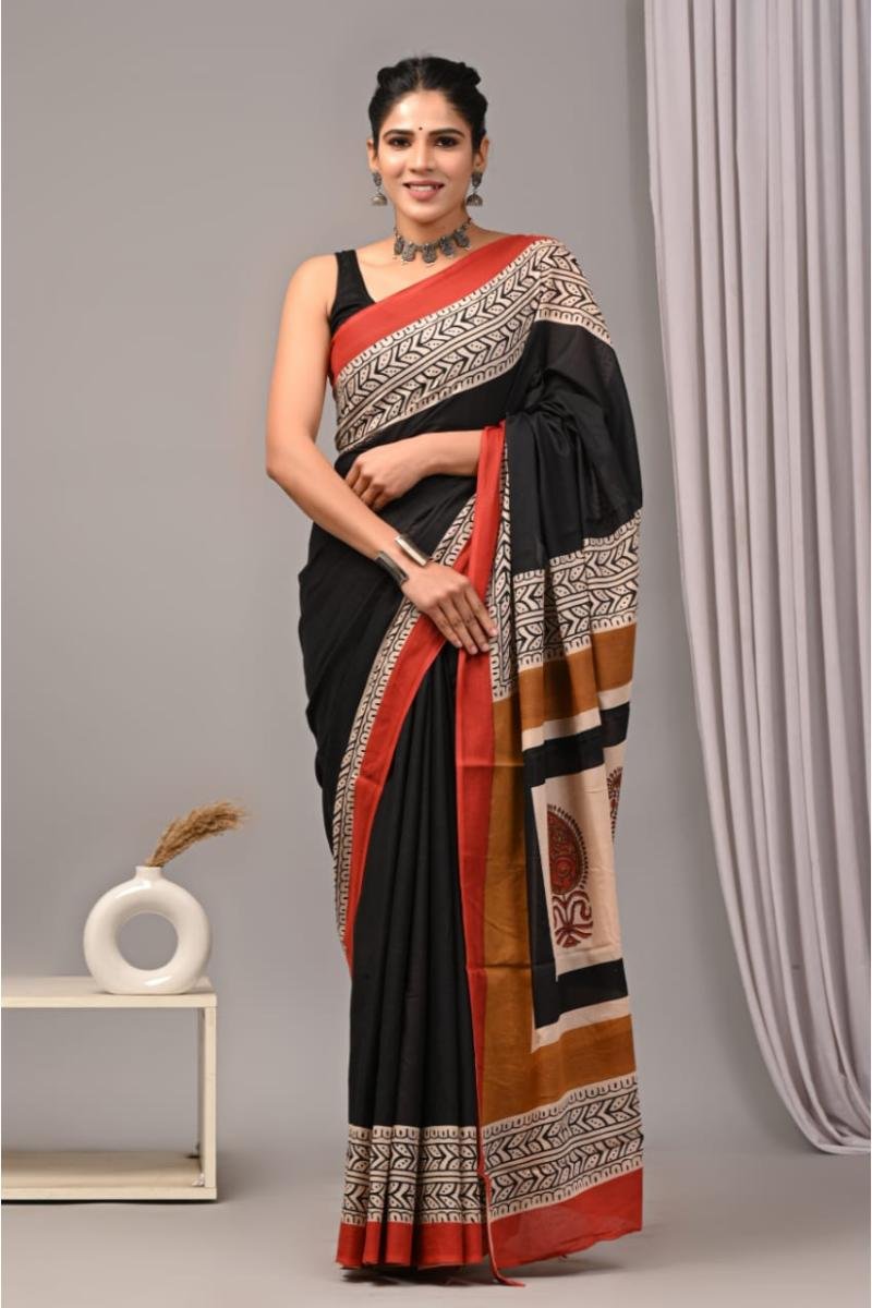 Best Mul Cotton Sarees - Black Bagru Print Lightweight (Front View) | BagruPrintCrafts
