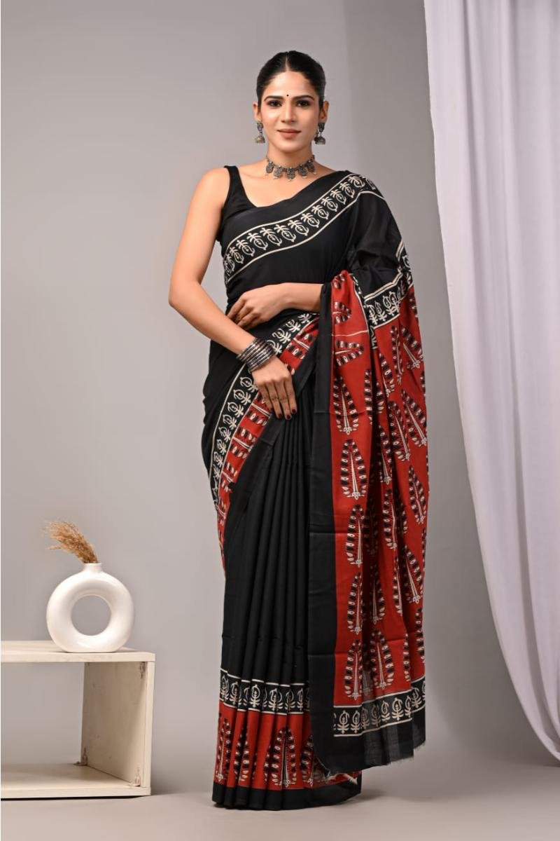 Bagru Hand Block Printed Cotton Sarees - Black Bagru Print (Front View) | BagruPrintCrafts