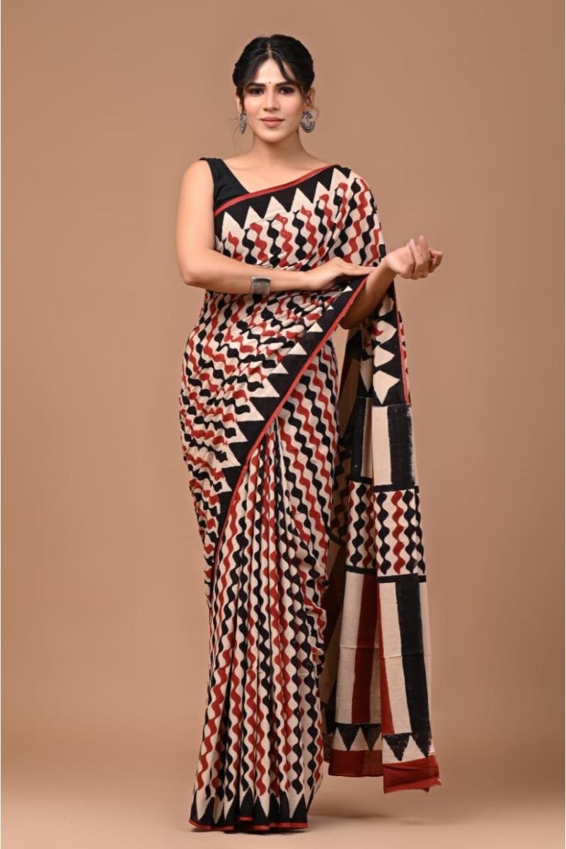 Bagru Cotton Sarees - Cream Bagru Print Soft Feel (Front View) | BagruPrintCrafts