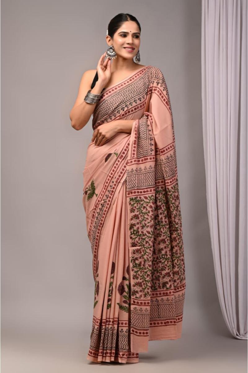 Block Print Cotton Sarees - Peach Pigment Print Lightweight (Front View) | BagruPrintCrafts