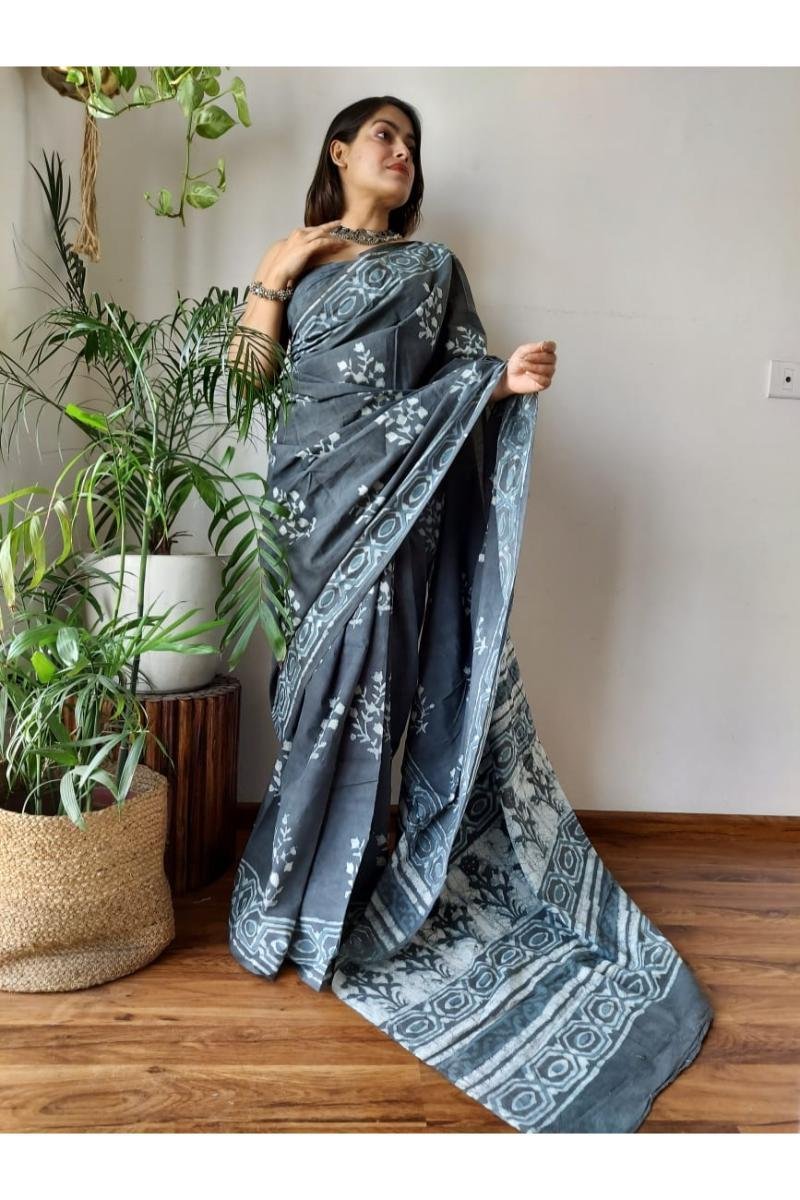 Bagru Print Mul Cotton Saree - Grey Dabu Print Soft Feel (Front View) | BagruPrintCrafts