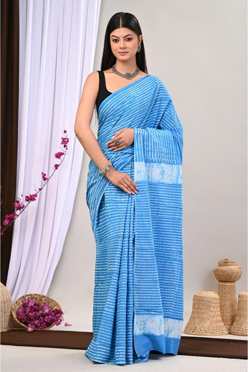 Hand Block Printed Mul Cotton Saree - Blue Dabu Print Soft Feel (Front View) | BagruPrintCrafts