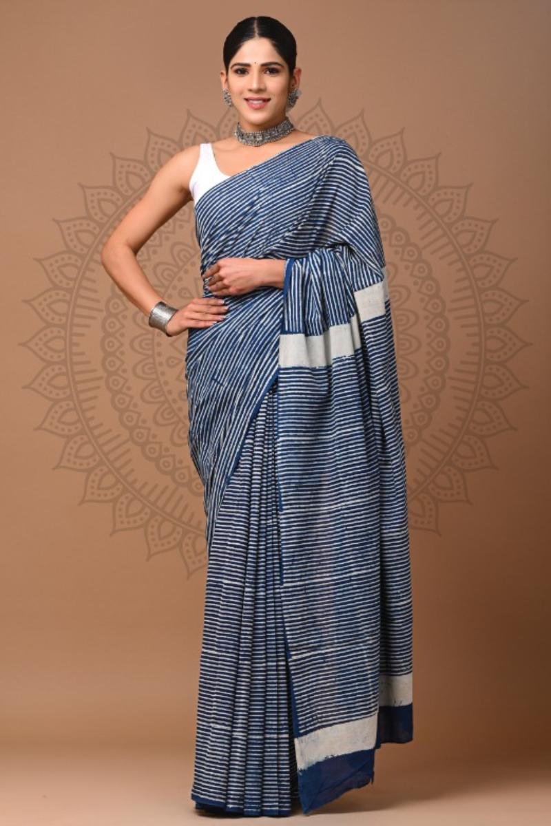 Bagru Print Saree - Indigo Dabu Print Soft Feel (Front View) | BagruPrintCrafts
