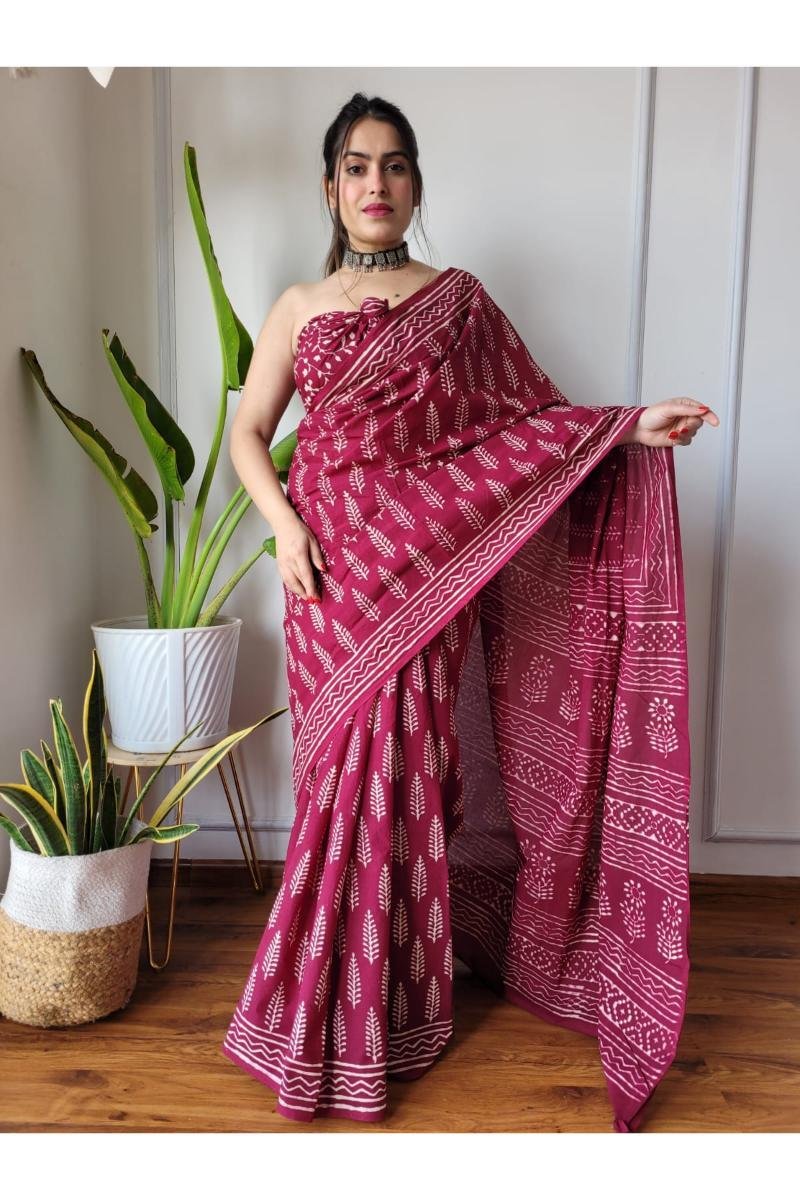 Best Mulmul Cotton Sarees - Maroon Discharge Print (Front View) | BagruPrintCrafts