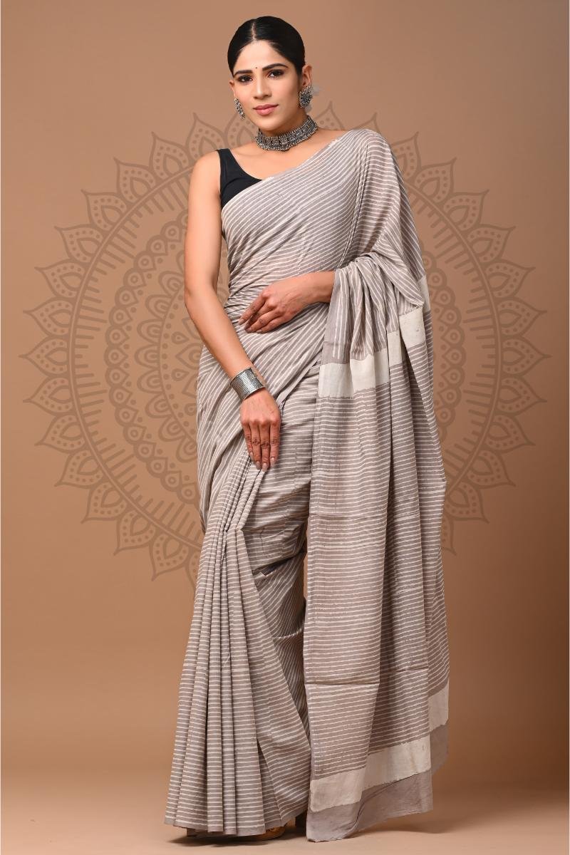 Bagru Print Cotton Saree - Beige Dabu Print Lightweight (Front View) | BagruPrintCrafts