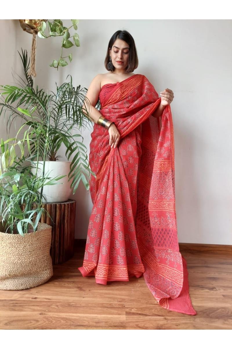Bagru Cotton Saree - Red Barmeri Ajrakh Lightweight (Front View) | BagruPrintCrafts