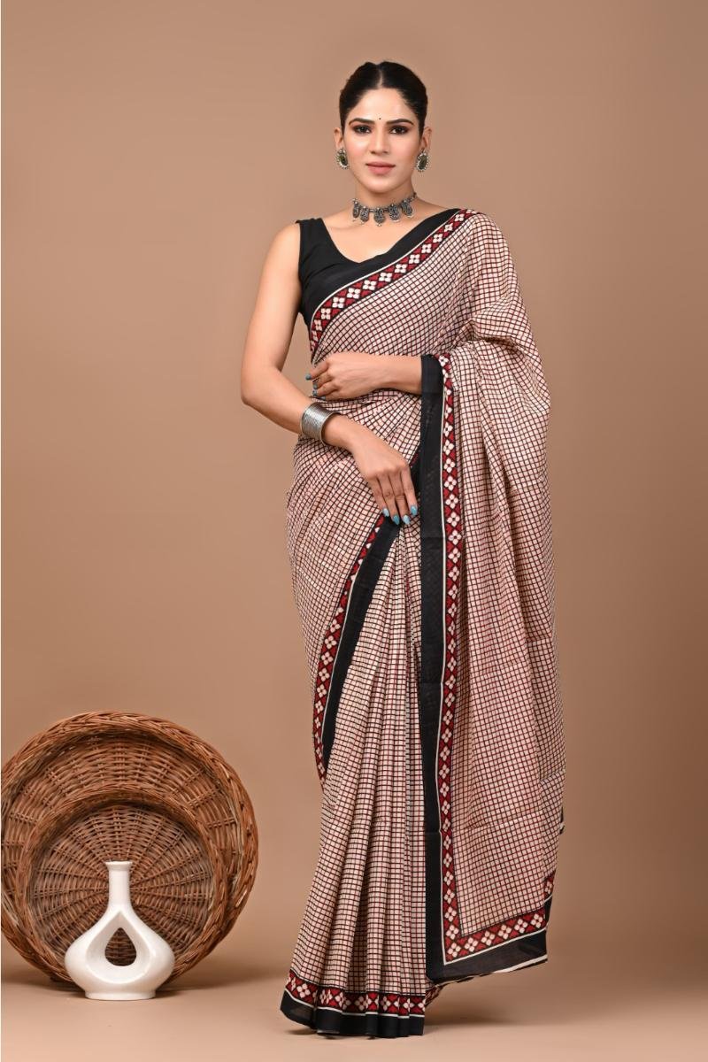 Mal Mal Cotton Saree - Beige Checks Print Easy Drape (Front View) | BagruPrintCrafts