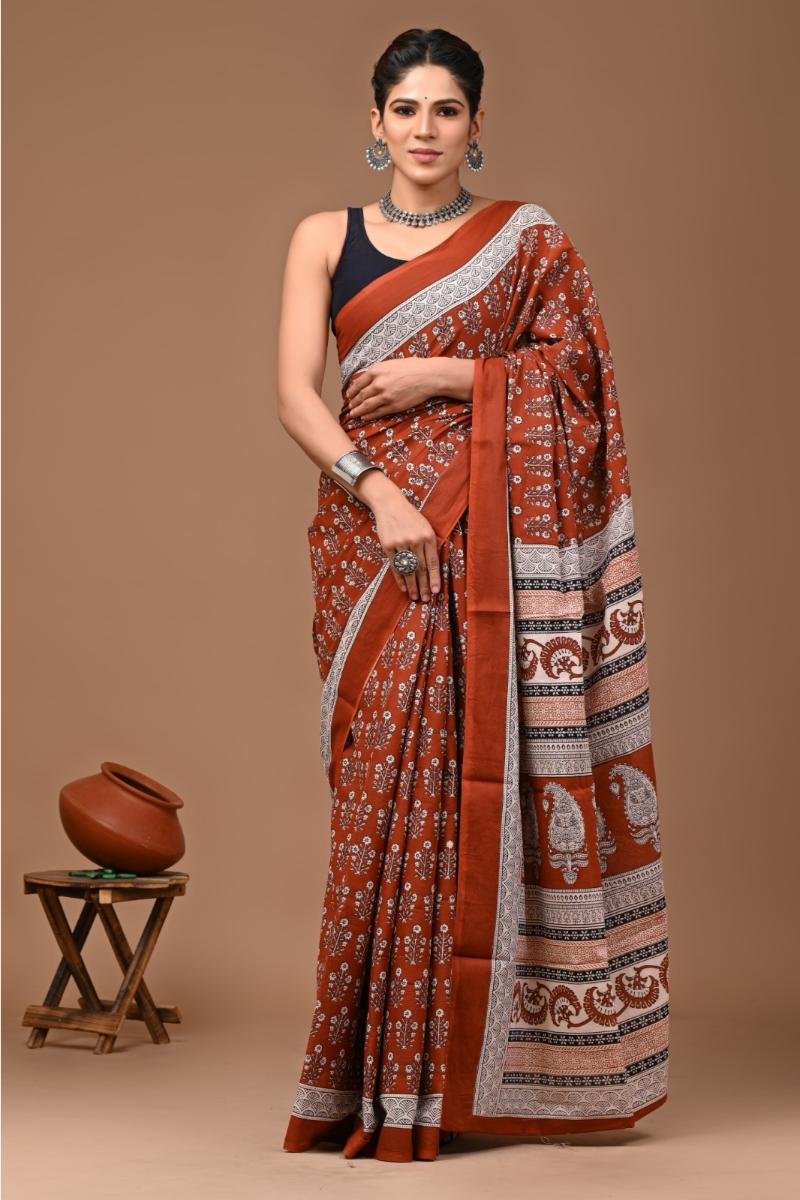 Cotton Malmal Saree - Rust Paisley Print Easy Drape (Front View) | BagruPrintCrafts