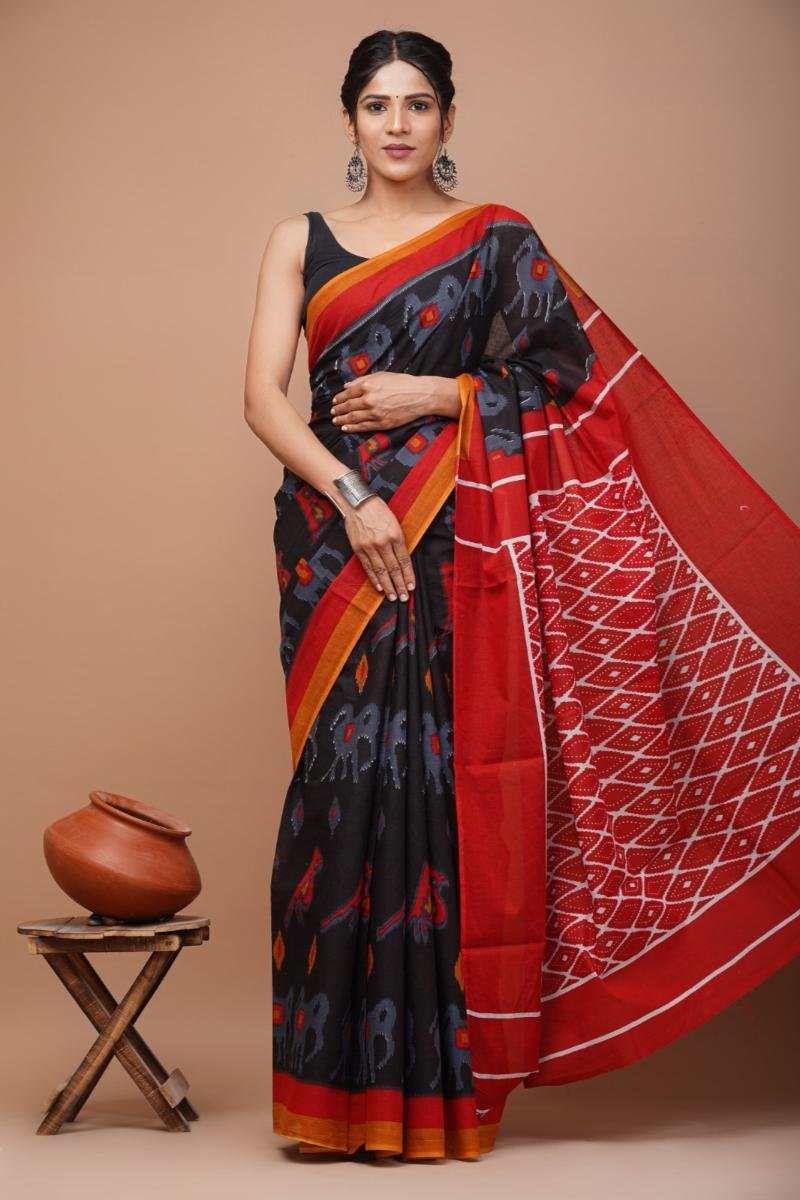 Ikkat Mulmul Cotton Sarees - Black Ikat Print Easy Drape (Front View) | BagruPrintCrafts