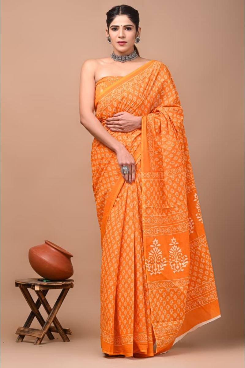 Mul Cotton Set Saree - Orange Block Print Lightweight (Front View) | BagruPrintCrafts