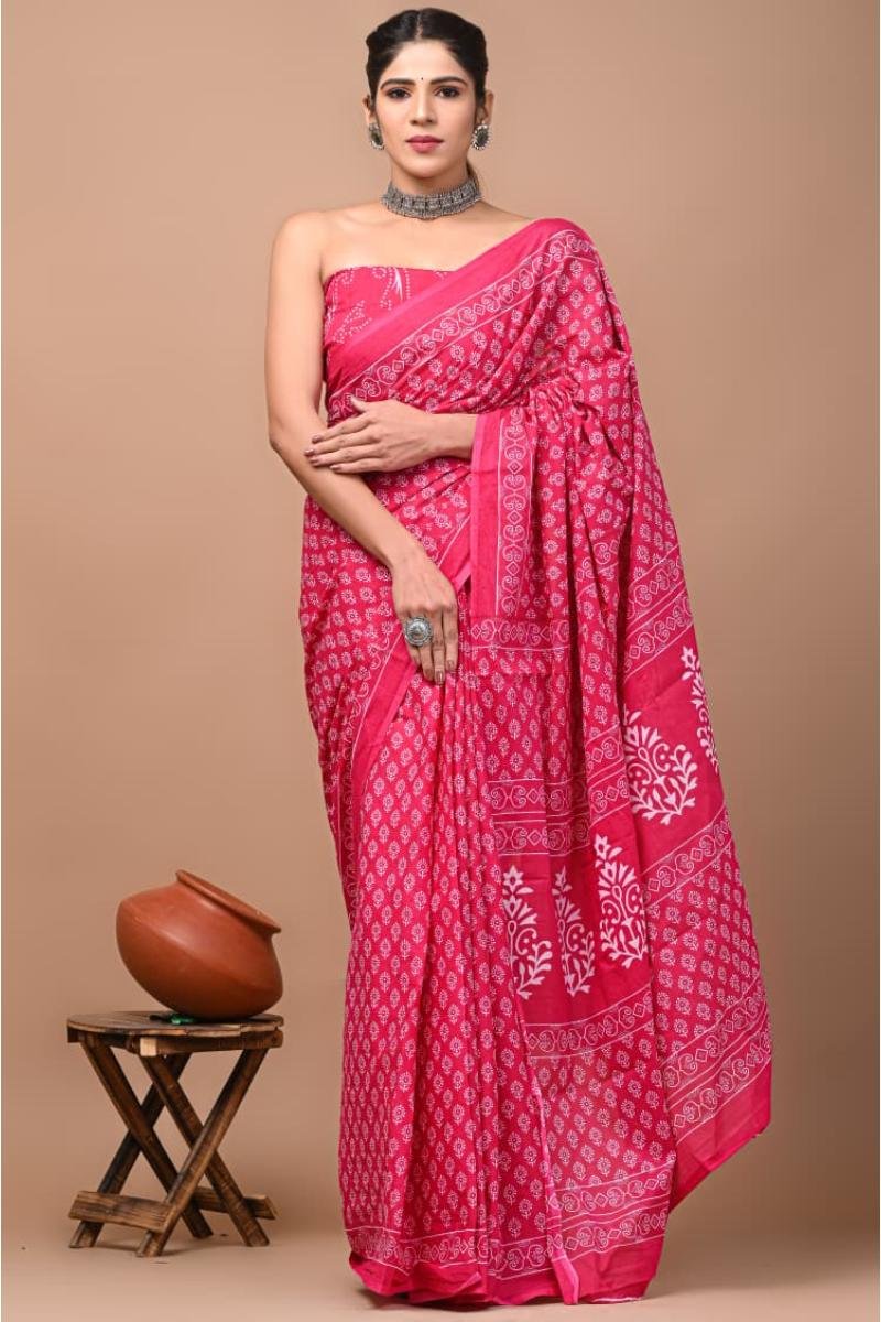 Mulmul Soft Cotton Sarees - Pink Block Print Lightweight (Front View) | BagruPrintCrafts