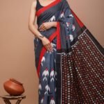 Ikkat Mulmul Cotton Sarees - Blue Ikat Print Soft Feel (Front View) | BagruPrintCrafts