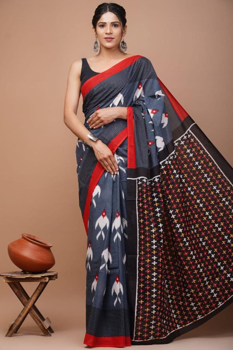 Ikkat Mulmul Cotton Sarees - Blue Ikat Print Soft Feel (Front View) | BagruPrintCrafts
