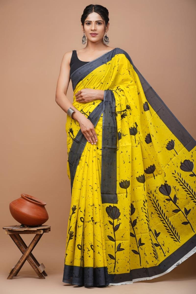 Mul Mul Sarees - Yellow Floral Print Vibrant Look (Front View) | BagruPrintCrafts