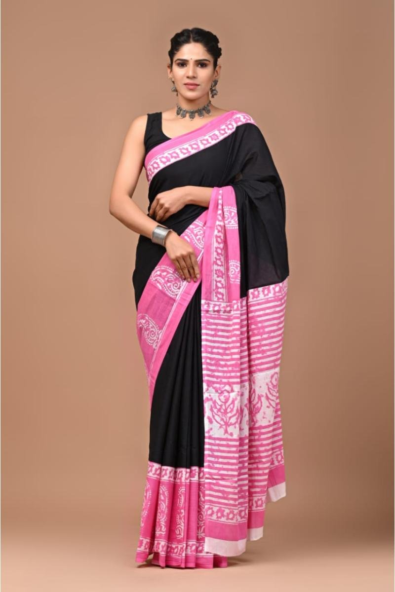 Mal Mal Cotton Saree - Black Pink Block Print Elegant Look (Front View) | BagruPrintCrafts