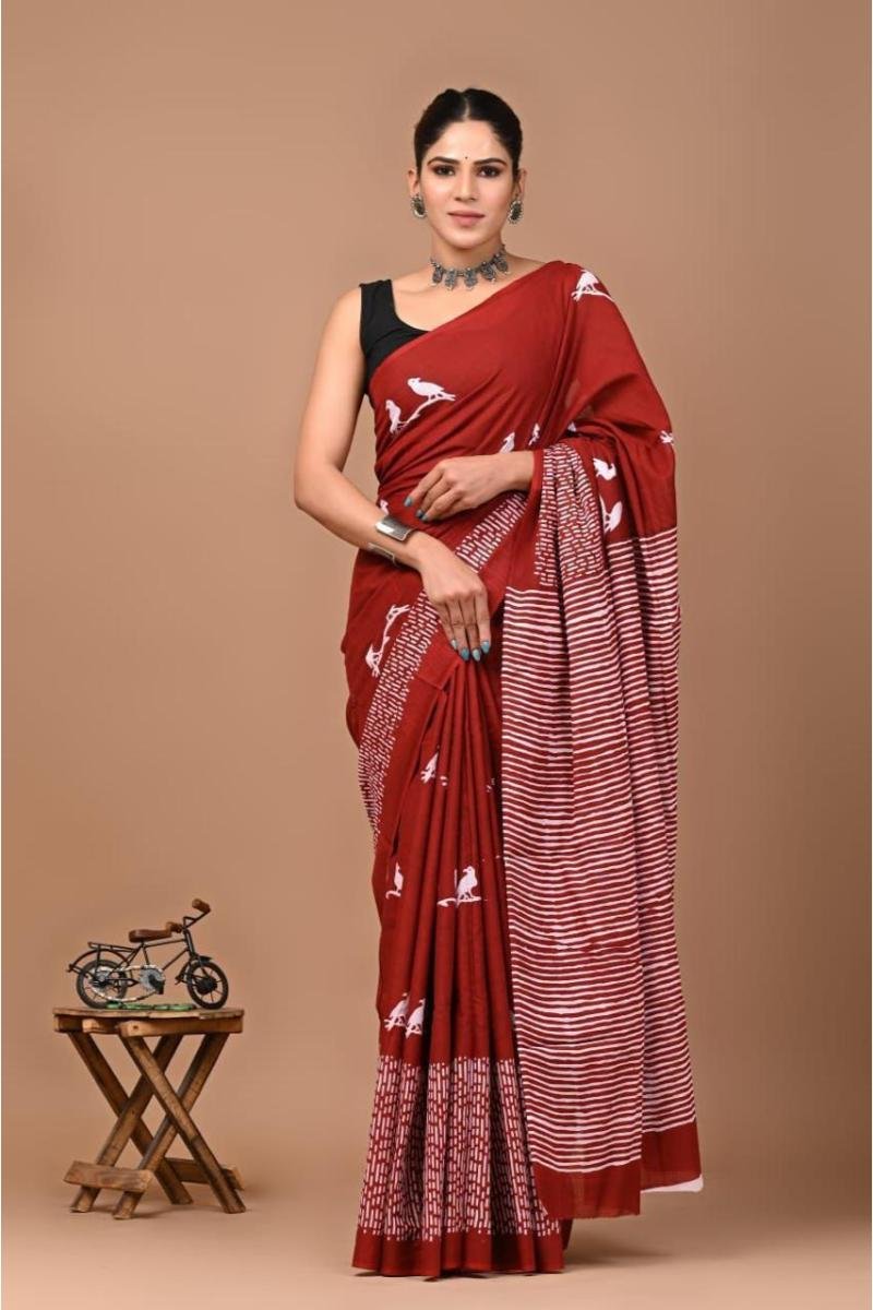 Mulmul Saree Cotton - Maroon Bird Print Soft Feel (Front View) | BagruPrintCrafts