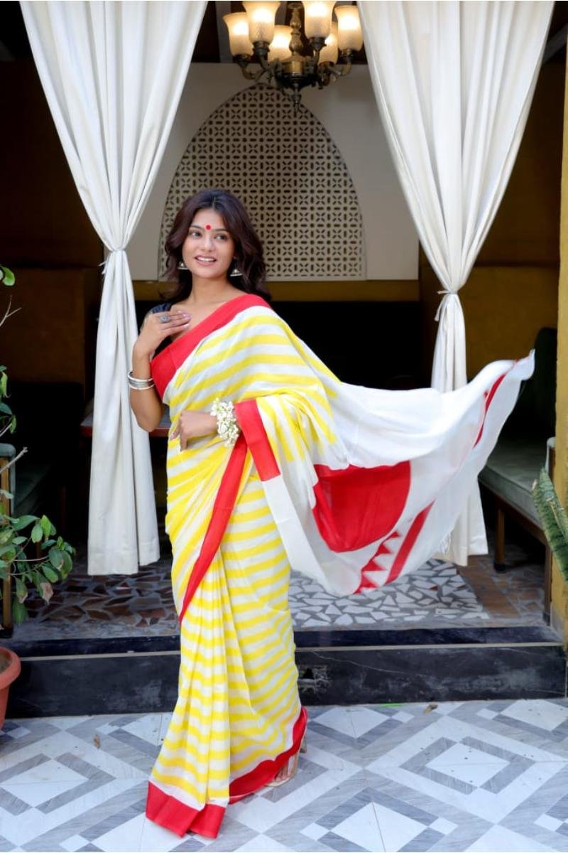 #Mulmulsaree - Yellow White Striped Print Breathable (Front View) | BagruPrintCrafts