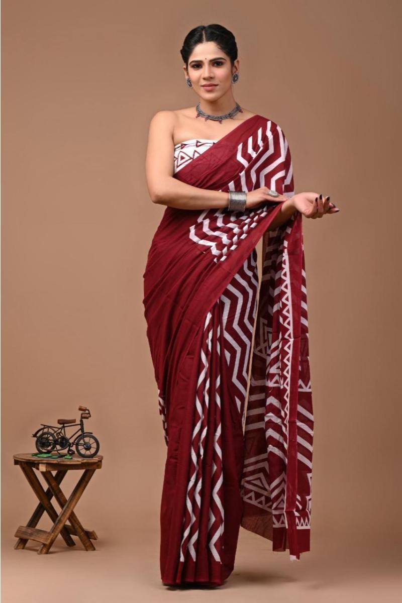 Pure Mulmul Cotton Sarees - Wine Geometric Print (Front View) | BagruPrintCrafts