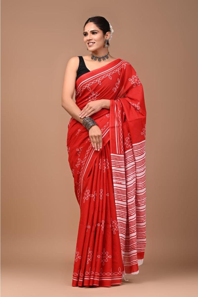 Mul Cotton Saree - Red Hand Block Lightweight (Front View) | BagruPrintCrafts