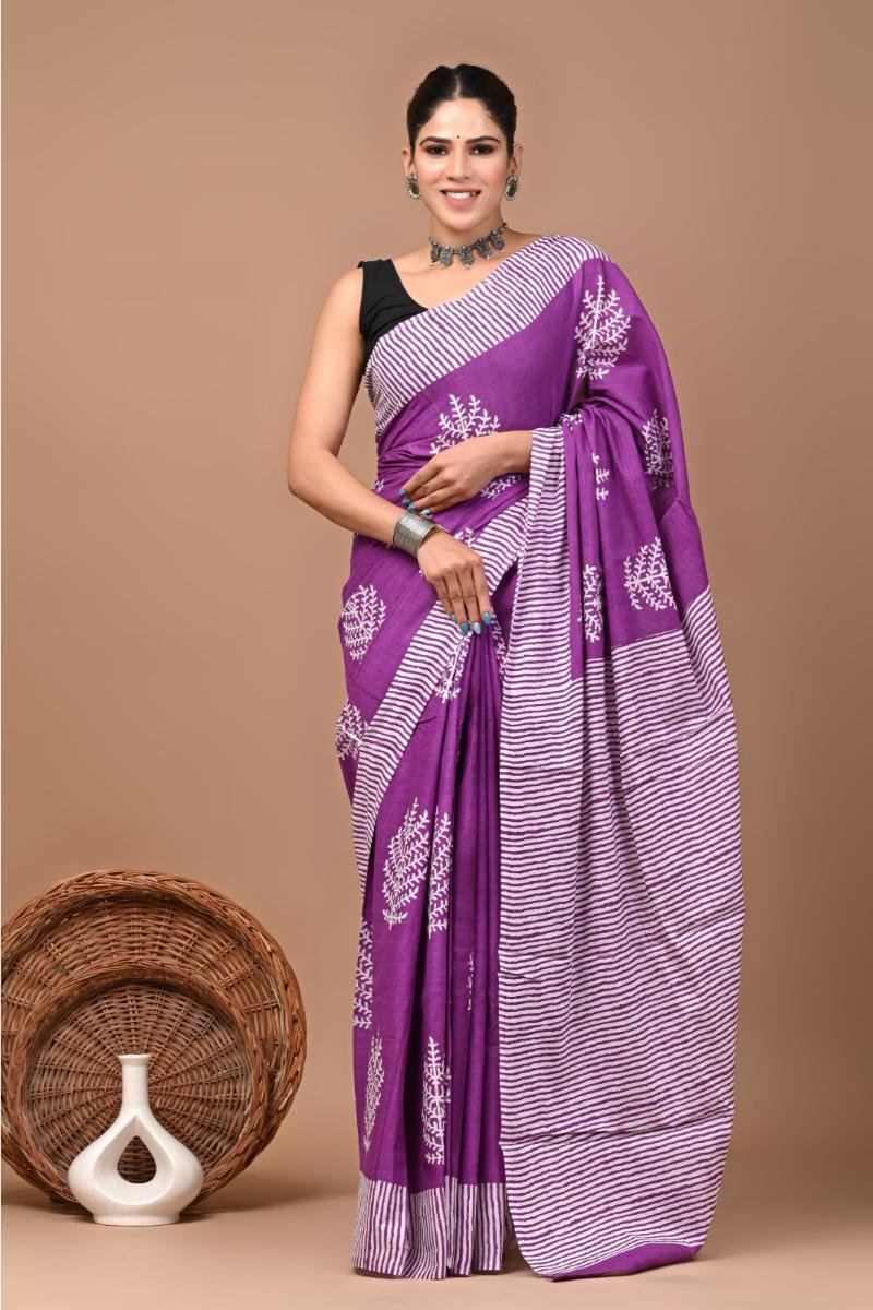 Mulmul Sarees - Purple Leaf Print Soft Feel (Front View) | BagruPrintCrafts