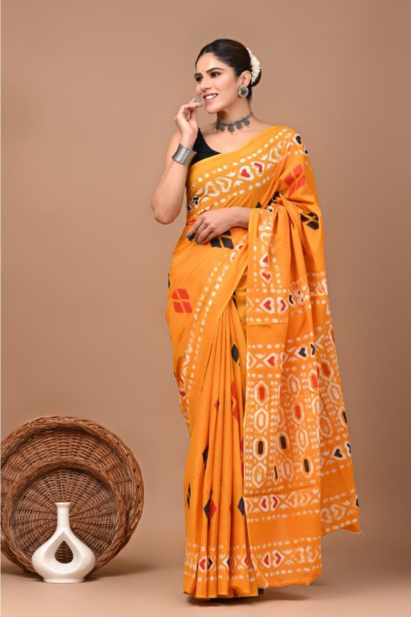 Mul Mul Sarees - Mustard Bandhani Print Breathable (Front View) | BagruPrintCrafts