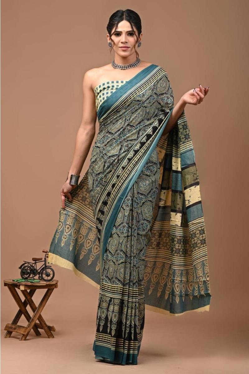 Cotton Mulmul Sarees - Teal Black Ajrakh Print Classy Look (Front View) | BagruPrintCrafts
