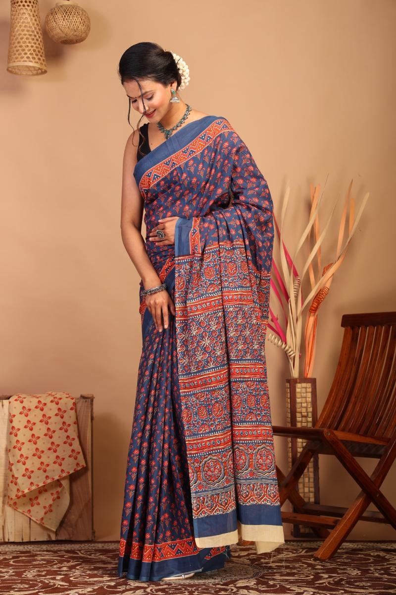 Ajrkh Cotton Saree - Blue Ajrakh Print Traditional (Front View) | BagruPrintCrafts