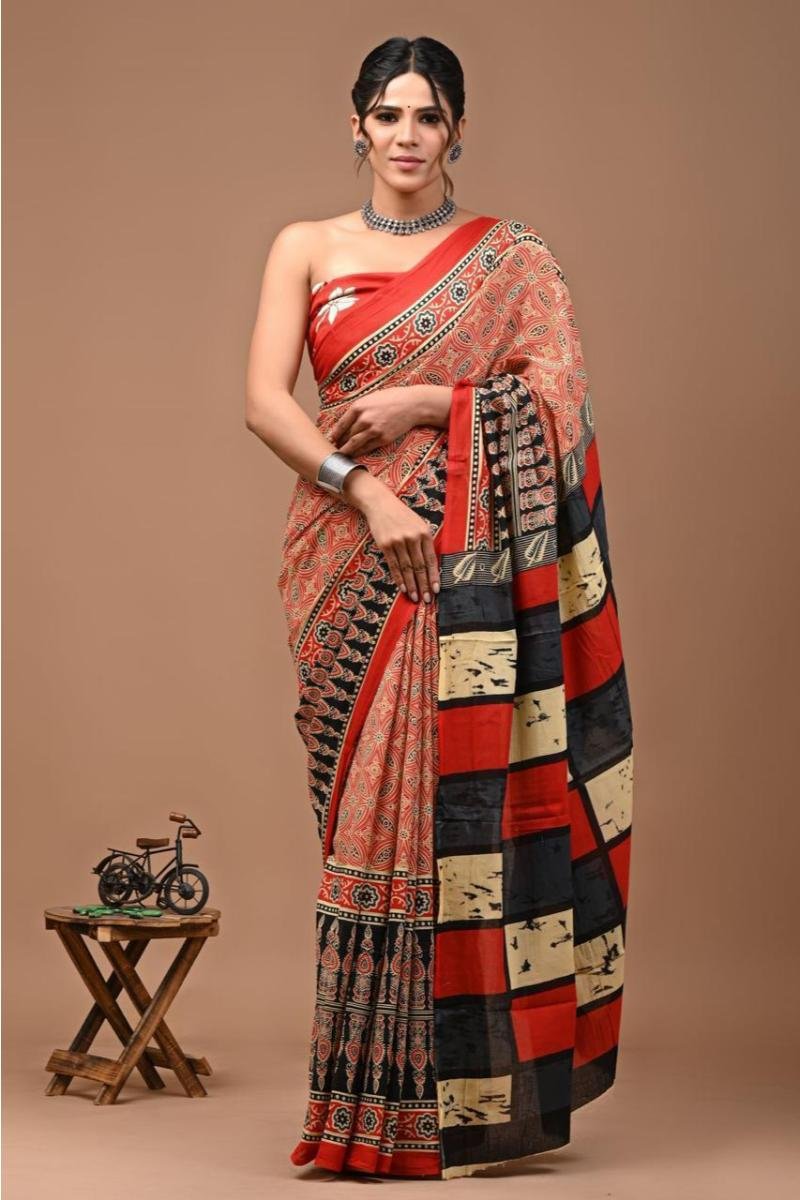 Mul Cotton Sarees - Red Black Ajrakh Print Easy Drape (Front View) | BagruPrintCrafts