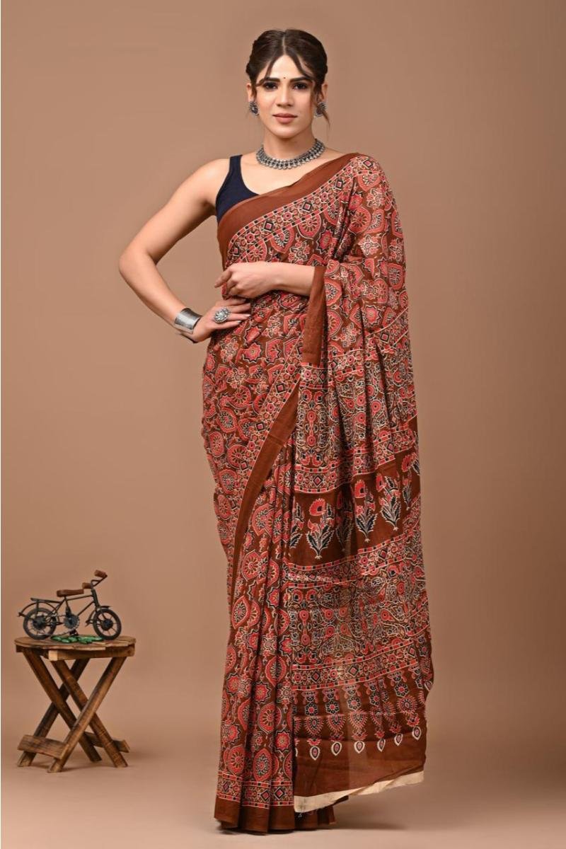 Mul Mul Cotton Saree - Rust Brown Ajrakh Print Lightweight (Front View) | BagruPrintCrafts