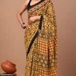Mulmul Saree Cotton - Yellow Black Ajrakh Print Bold Look (Front View) | BagruPrintCrafts