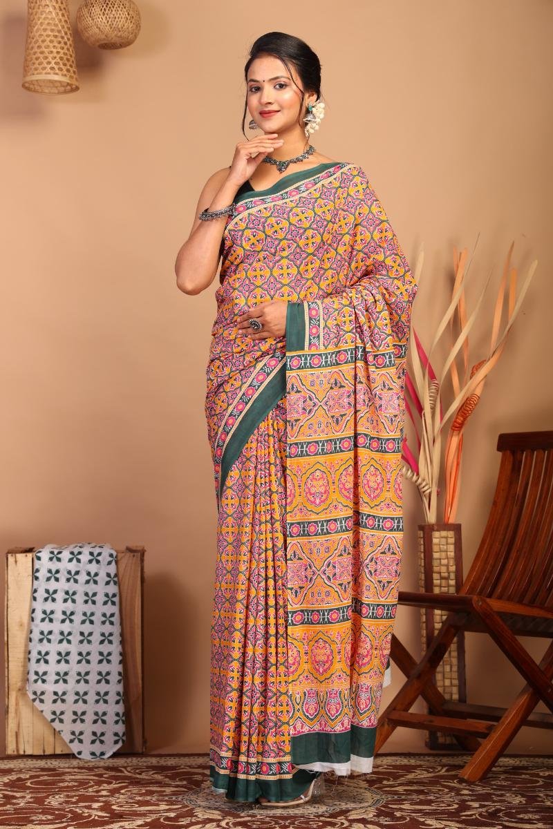 Malmal Cotton Saree - Mustard Pink Geometric Print (Front View) | BagruPrintCrafts