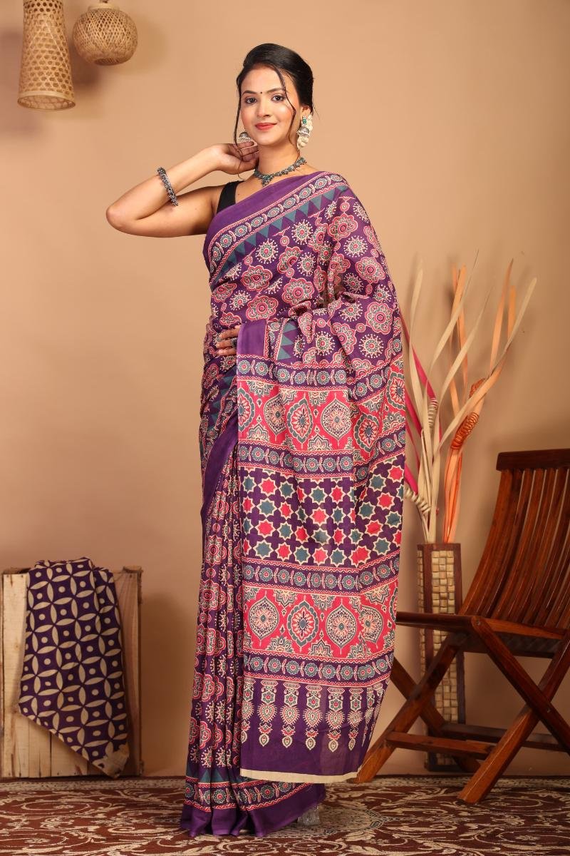 Mulmul Sarees - Purple Pink Ajrakh Print Trendy Look (Front View) | BagruPrintCrafts
