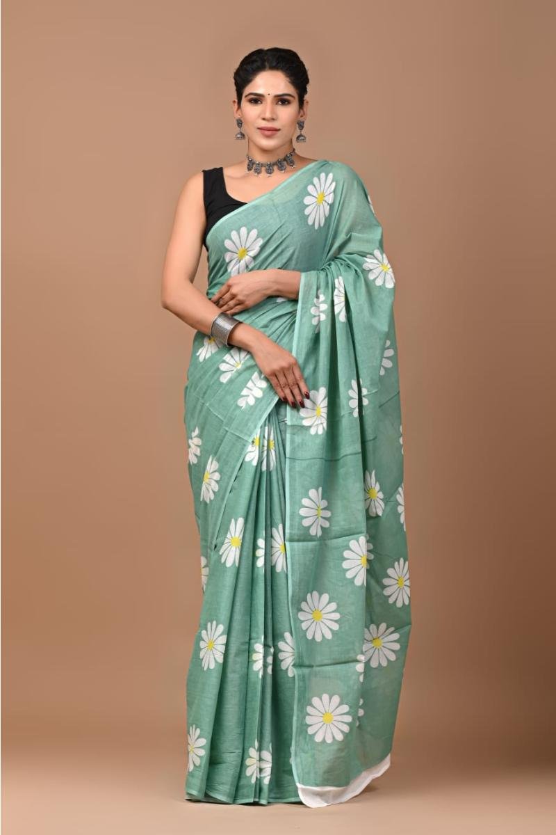 Pure Mulmul Cotton Saree - Mint Green Floral Print Breathable (Front View) | BagruPrintCrafts