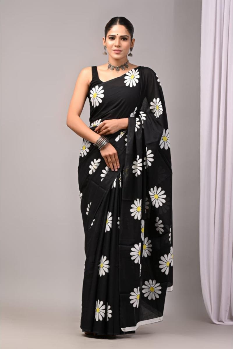 Black Mulmul Cotton Saree - Black White Floral Print Soft Feel (Front View) | BagruPrintCrafts