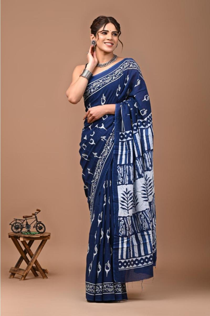 Mulmul Cotton Saree - Navy Blue Block Print Soft Feel (Front View) | BagruPrintCrafts